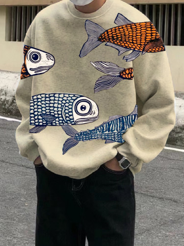 Men's Fish Pattern Japanese Art Drawing Print Casual Sweatshirt