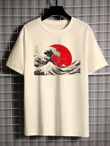 Men's Sea Wave Red Sun Japanese Art Graphic Print T-Shirt