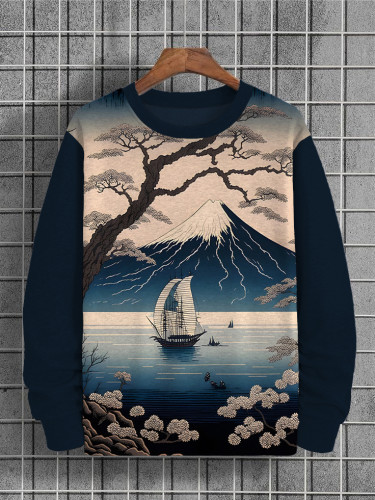 Men's Mount Fuji View Tree And Boat Print Splice Sweatshirt