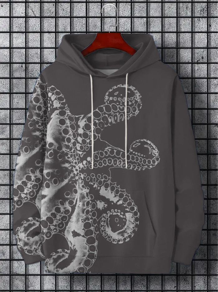 Men's Japanese Art Octopus Asymmetric Print Drawstring Hoodie