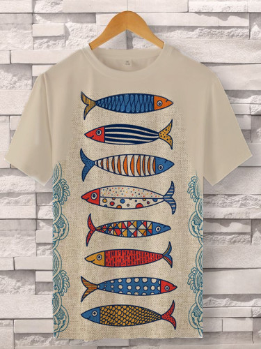 Men's Multicolor Geometric Fish Pattern Wave Print T-Shirt