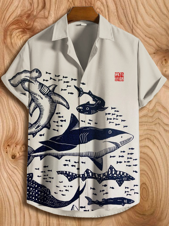 Men's Casual Japanese Art Multiple Shark Print Short Sleeve Shirt