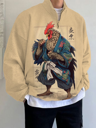 Men's Fun cock japanese samurai Print Zip Collar Sweartshirt