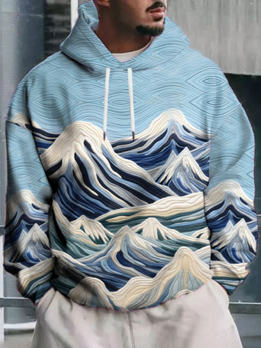 Men's Japan Ukiyoe Snow Mountain Embroidery Felt Art Print Hoodie