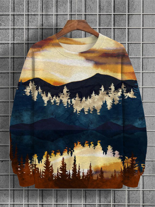 Men's Forest Landscape Painting Print Round Neck Sweatshirt
