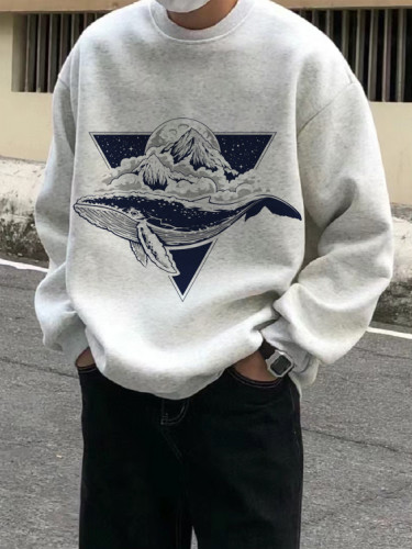 Men's Whale Mountain Moon Art Graphic Print Cozy Sweatshirt