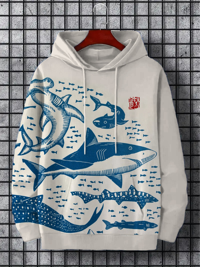 Men's Sharks Sea Japanese Lino Art Print Long Sleeve Hoodie