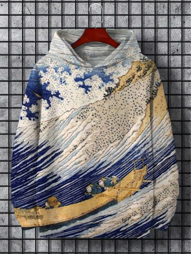 Men's Japanese Art Painting Waves And Boats Print Hoodie