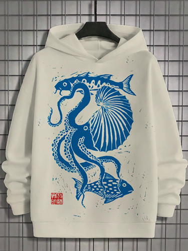 Men's Octopus Conch Fish Sea Japanese Engraving Art Print Long Sleeve Hoodie
