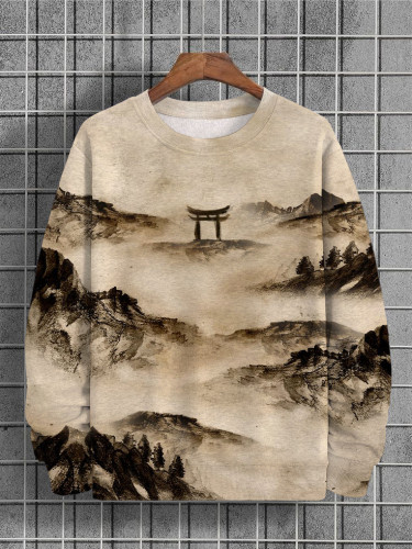 Men's Sumi-e Art Painting Torii Gate Landscape Print Sweatshirt