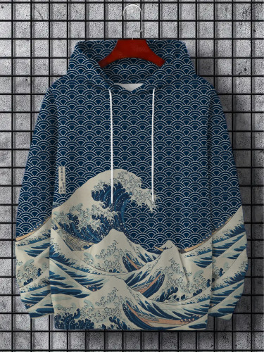 Men's Japanese Art Waves Print Long Sleeve Hoodie