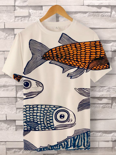 Men's Vintage Art Pattern Fish Painting Print Casual T-Shirt