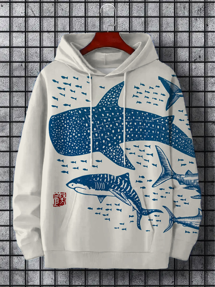 Men's Sharks Sea Fish Japanese Lino Art Print Hooded Sweatshirt