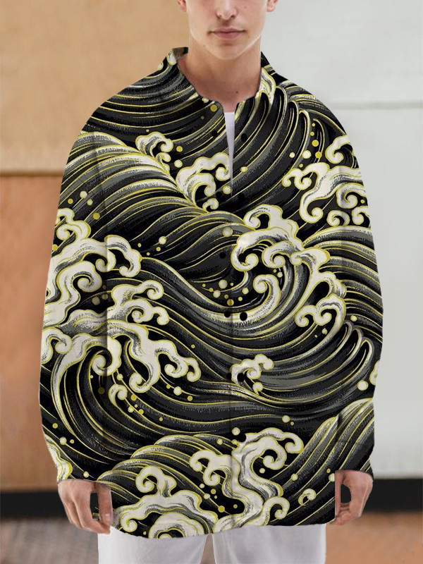 Men's Japanese Golden Waves All Over Print Long Sleeve Shirt