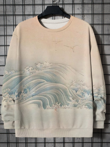 Men's Wavy Japanese Print Casual Long Sleeve Comfortable Sweatshirt ​