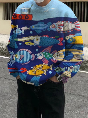 Men's Multicolor Patterned Cartoon Fish Printed Sweatshirt