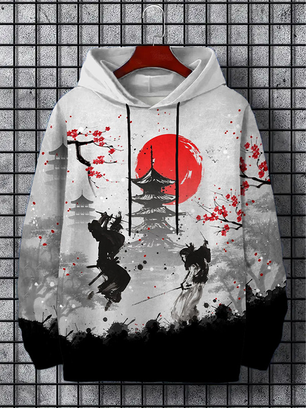 Men's Samurai Fight Pagoda Sakura Art Painting Print Hoodie