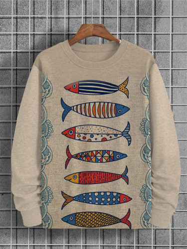 Men's Billowing Wave Shark Art Graphic Print Casual Sweatshirt