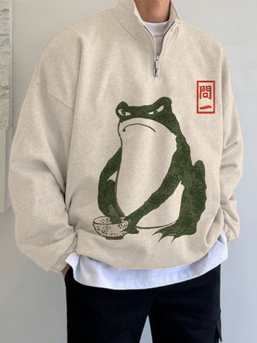 Men's Funny Frog Japanese Art Painting Print Cadet Collar Sweatshirt