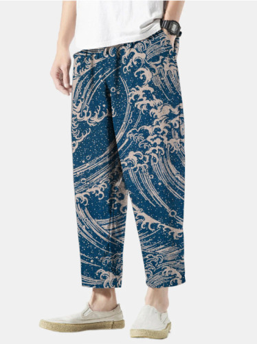 Men's Japanese Wave Art Pattern Print Casual Cropped Pants