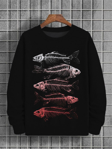 Men's Ombre Fish Bone Art Printed Crew Neck Casual Sweatshirt