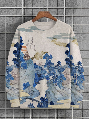 Men's Japanese Landscape Art Print Round Neck Sweatshirt