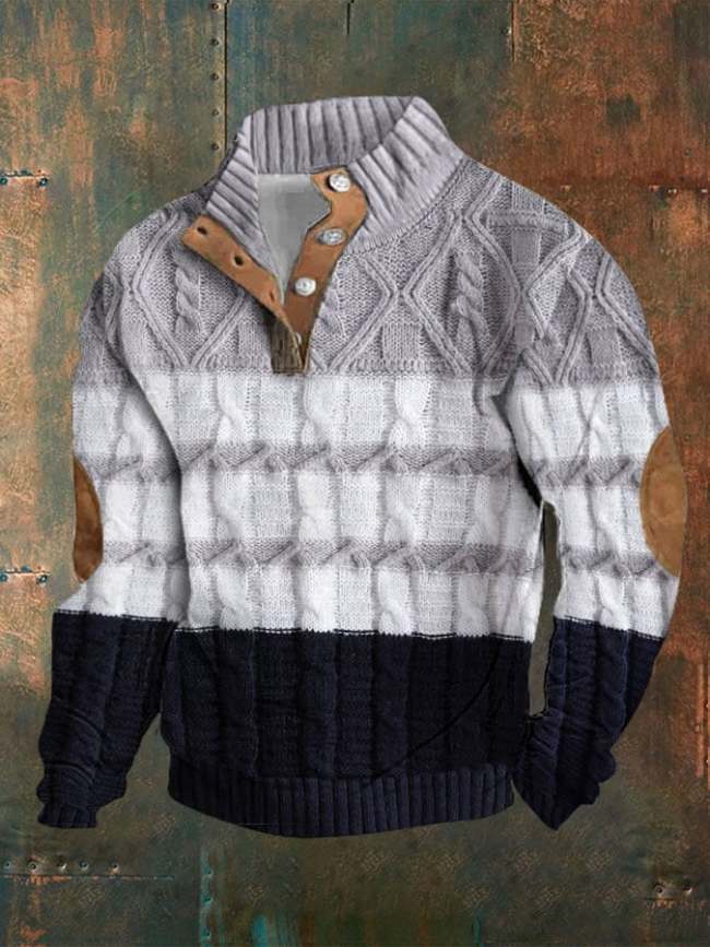 Men's Casual Cable Color Block Stand Collar Pullover