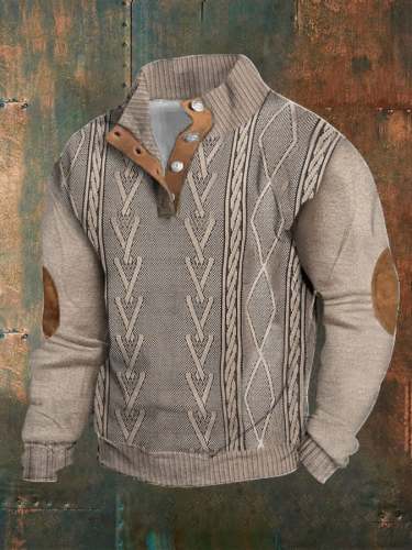 Men's Fried Dough Twists Braid Printed Standing Collar Button Casual Sweatshirt