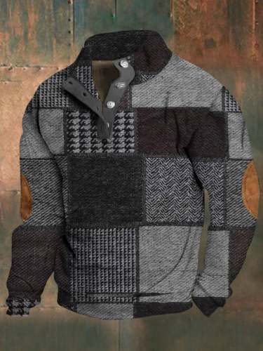 Men's Retro Pattern Patchwork Print Standing Collar Casual Sweatshirt