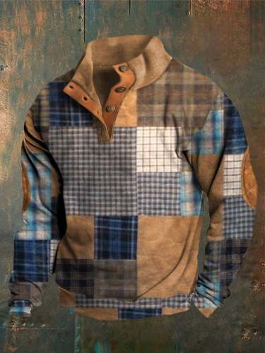 Men's Western Retro Pattern Patchwork Design Stand Collar Button Sweatshirt