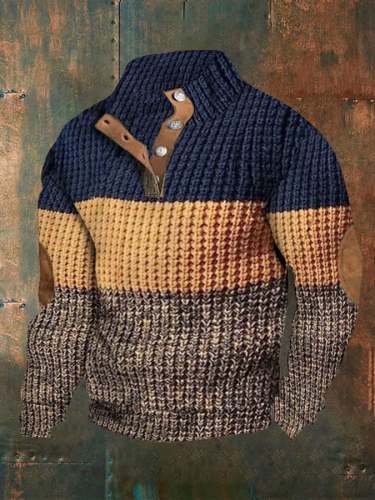 Men's Casual Tri-Color Contrast Sweater Pullover