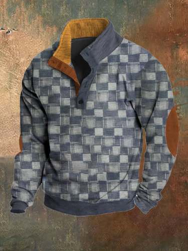 Men's Vintage Denim Jacquard Colorblock Half-Button Sweatshirt