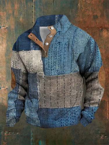 Men's Retro Plaid Printed Standing Collar Casual Sweatshirt