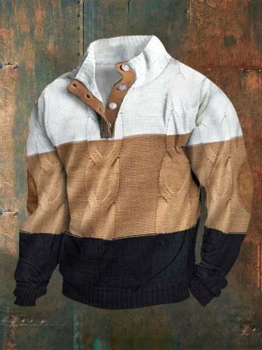 Men's Cable Color Block Stand Collar Pullover