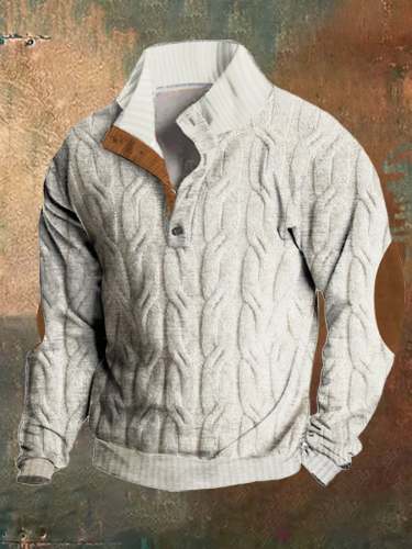 Men's Casual Color Block Knitted Jacquard Stand Collar Pullover Sweatshirt
