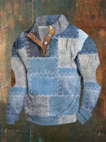 Men's Retro Plaid Printed Standing Collar Casual Sweatshirt
