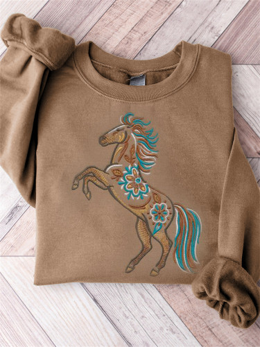 Western Floral Horse Embroidery Art Comfy Sweatshirt