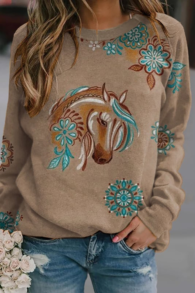 Western Horse Print Round Neck Long Sleeve Sweatshirt