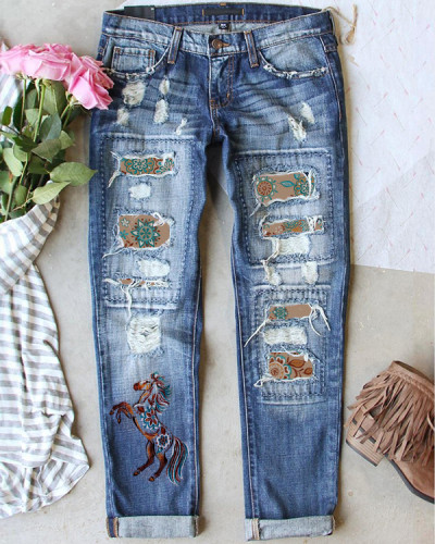 Vintage Horse Print Ripped Jeans