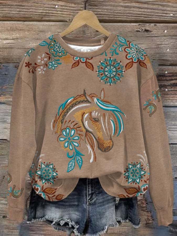 Women's Western Retro Horse Print Sweatshirt