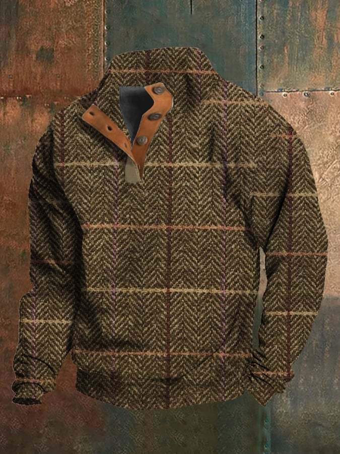 🔥BUY 2 GET 10% OFF🔥Men's Western Vintage Plaid Print Stand Collar Button-Down Sweatshirt