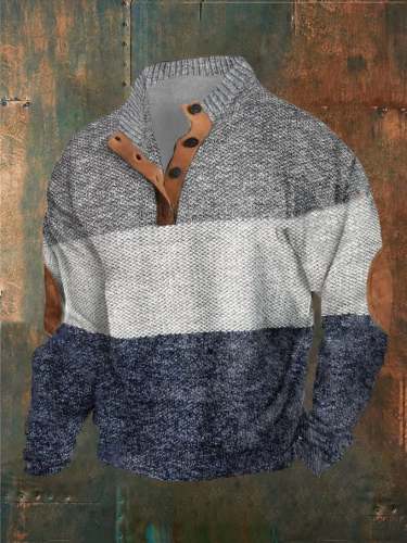 Men's Color Matching Print Button Stand Collar Sweatshirt