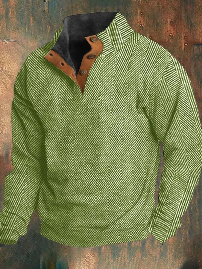 🔥BUY 2 GET 10% OFF🔥Men's Western Vintage Herringbone Print Design Stand Collar Button-Down Sweatshirt