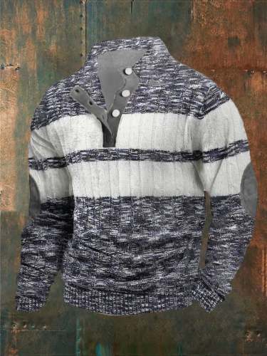 Men's Color Matching Print Button Stand Collar Sweatshirt