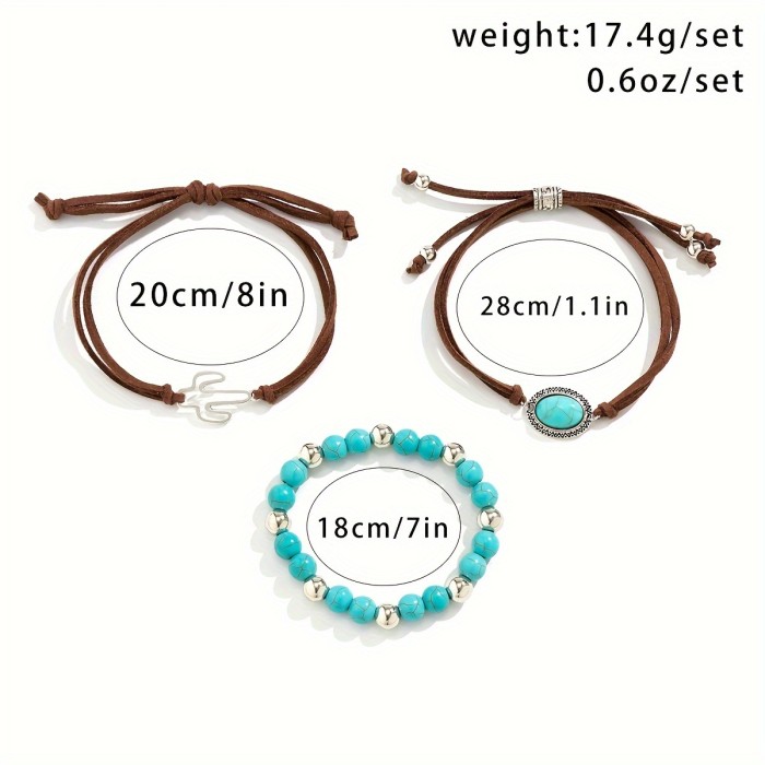 3pcs Vintage Western Style PU Leather Bracelet Set With Turquoise Beads Stackable Hand Jewelry