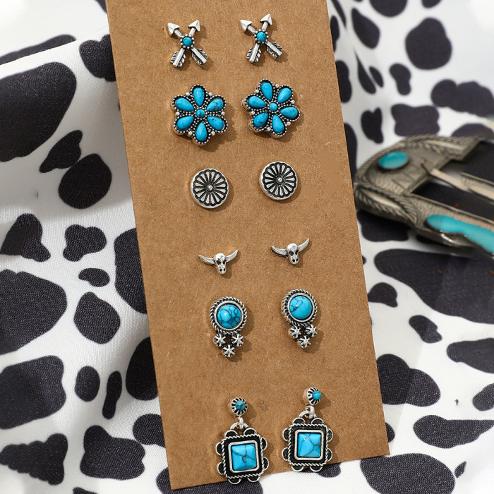 5 Pairs Western Cowboy Style Horse Star Sun Shaped Turquoise Stone Inlaid Studs Hoop Earrings Set For Women Girls Zinc Alloy Jewelry