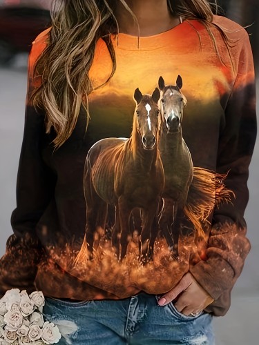 Horse Print Crew Neck Sweatshirt