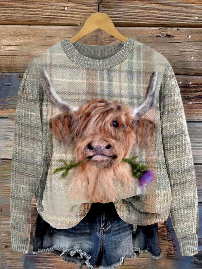 Highland Cow Greetings Wool Felt Knitted Pullover Sweater