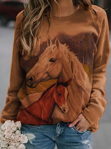 Women's Plus Horse Print Long Sleeve Round Neck Slight Stretch T-shirt