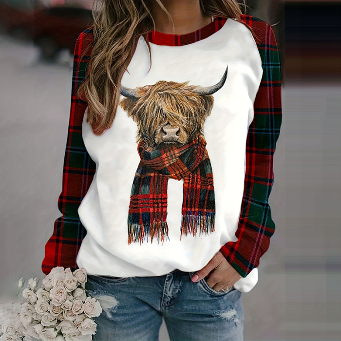 Women's Highland Cow Bull Head Print Casual Sweatshirt